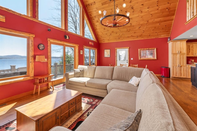 living area with a notable chandelier, wooden ceiling, wood finished floors, and high vaulted ceiling