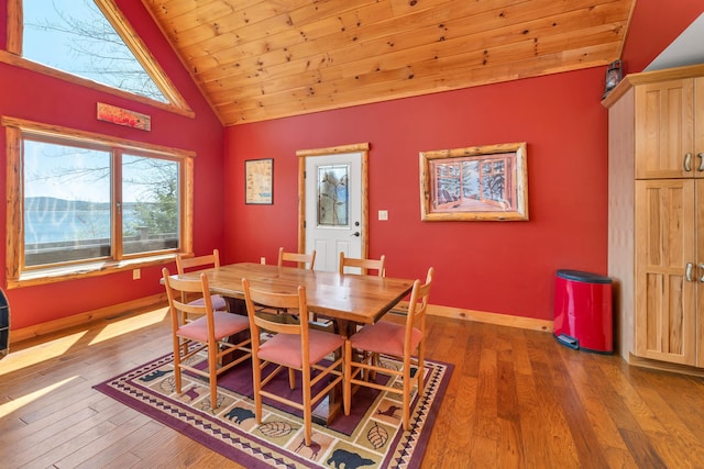 dining space featuring lofted ceiling, hardwood / wood-style floors, visible vents, wooden ceiling, and baseboards