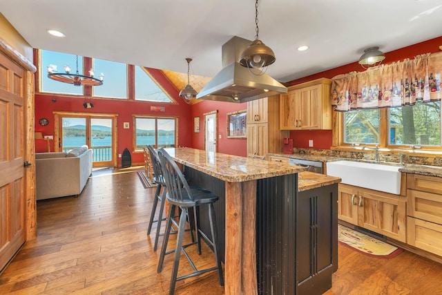 kitchen with a sink, a kitchen island, hardwood / wood-style floors, and dishwasher