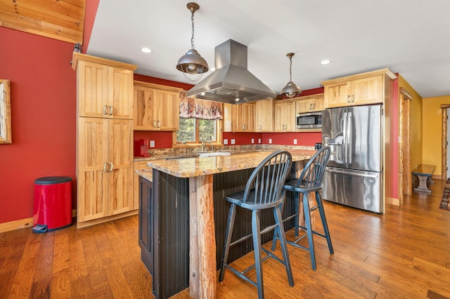 kitchen with island range hood, dark wood-type flooring, baseboards, appliances with stainless steel finishes, and a kitchen island