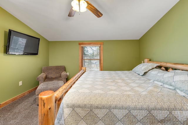 bedroom with vaulted ceiling, baseboards, a ceiling fan, and carpet floors