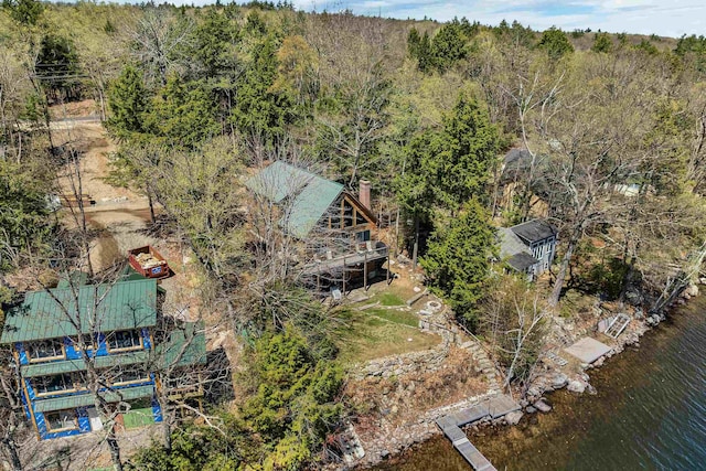 aerial view with a water view and a view of trees