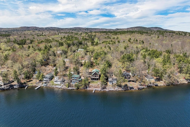 aerial view with a water and mountain view and a view of trees
