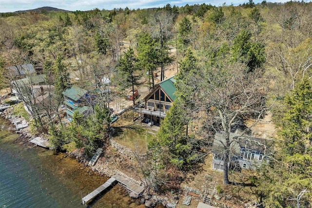 aerial view featuring a water view and a view of trees