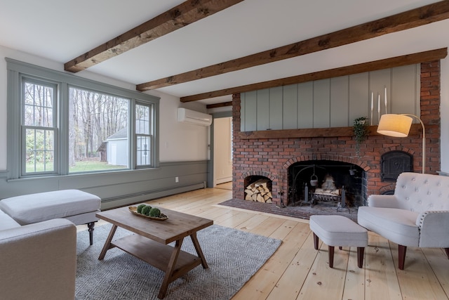 living room featuring a brick fireplace, an AC wall unit, baseboard heating, and beam ceiling