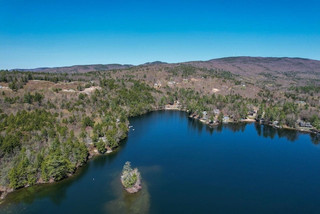 aerial view featuring a wooded view and a water and mountain view