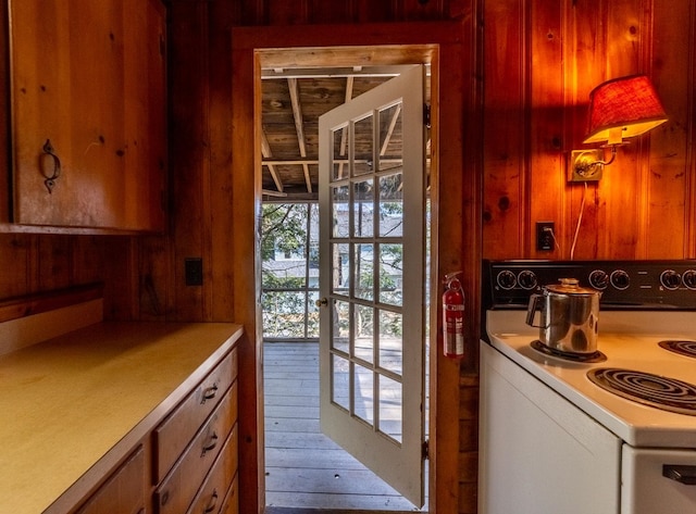 doorway featuring wooden walls