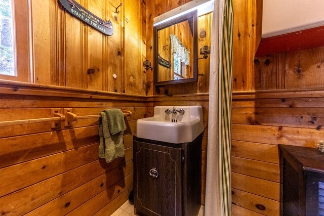 bathroom with wooden walls and vanity