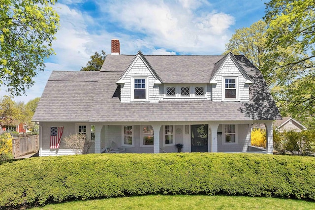 farmhouse-style home with a porch, fence, a shingled roof, and a chimney