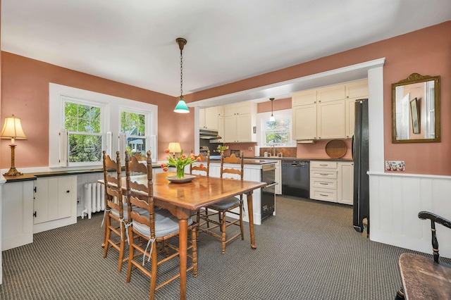 dining room with wainscoting, radiator, and dark carpet
