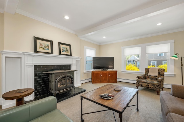 living room with ornamental molding, light carpet, and a baseboard radiator