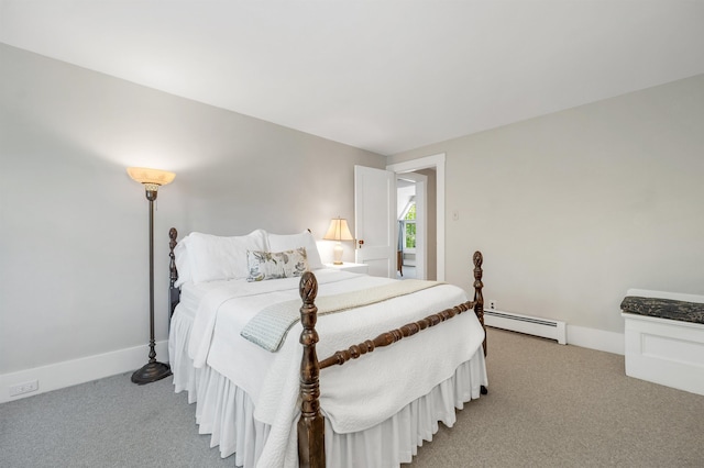 bedroom featuring baseboards, a baseboard radiator, and light colored carpet