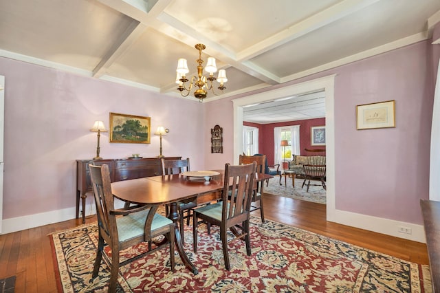 dining room featuring coffered ceiling, an inviting chandelier, baseboards, and hardwood / wood-style floors