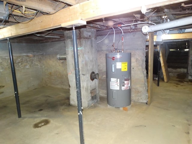 unfinished basement featuring electric water heater