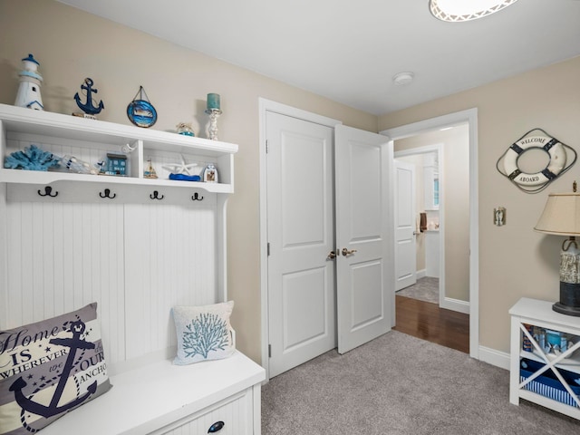 mudroom with baseboards and carpet floors