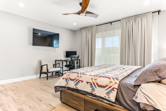bedroom featuring wood finished floors, baseboards, ceiling fan, and recessed lighting