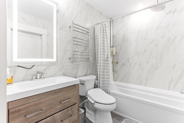 bathroom with tile walls, toilet, radiator, vanity, and shower / bath combo