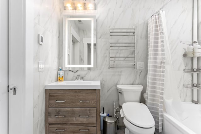 full bathroom featuring tile walls, toilet, radiator heating unit, vanity, and shower / bathtub combination with curtain
