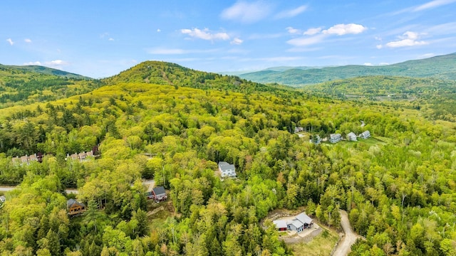 drone / aerial view featuring a forest view and a mountain view