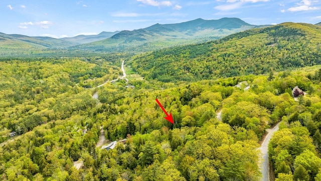drone / aerial view featuring a view of trees and a mountain view