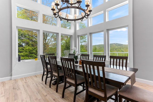 sunroom / solarium with a chandelier