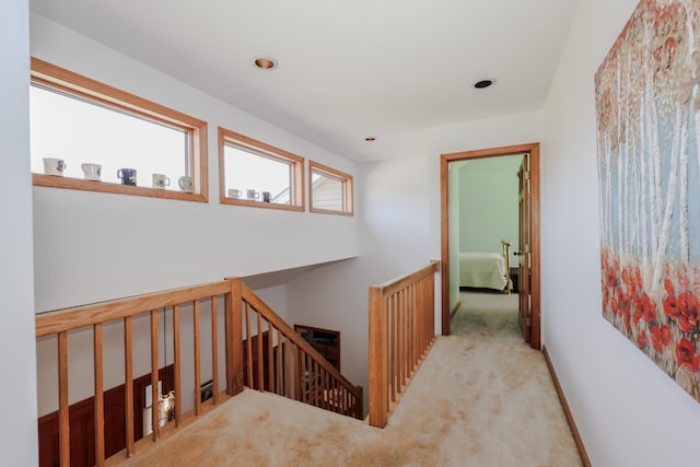 390 Bear Hill Rd, Loudon, NH 03307 - hall featuring carpet floors, an upstairs landing, and recessed lighting