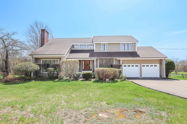 390 Bear Hill Rd, Loudon, NH 03307 - view of front facade featuring a chimney, a front yard, aphalt driveway, and a garage