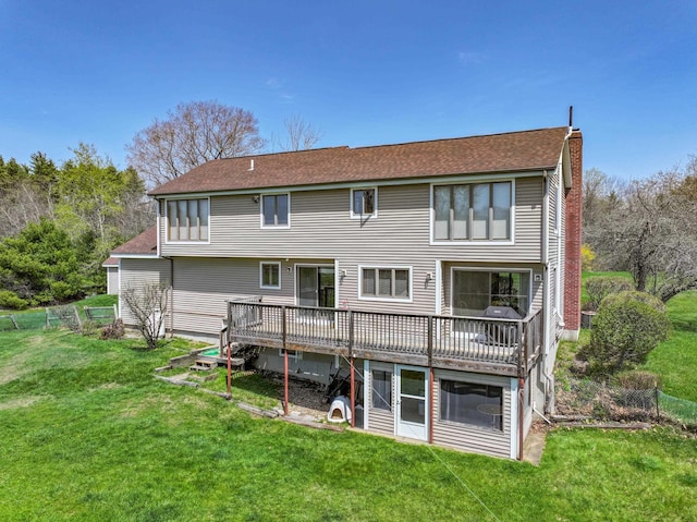390 Bear Hill Rd, Loudon, NH 03307 - rear view of house with a chimney, a deck, roof with shingles, and a yard