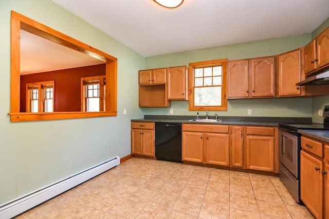 kitchen with dishwasher, plenty of natural light, a baseboard heating unit, and electric range
