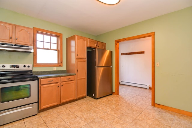 kitchen featuring baseboard heating, under cabinet range hood, light tile patterned floors, dark countertops, and appliances with stainless steel finishes