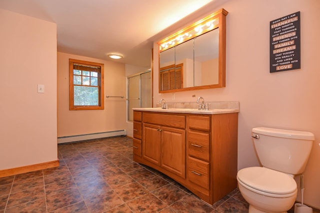 bathroom with a baseboard radiator, toilet, an enclosed shower, and vanity
