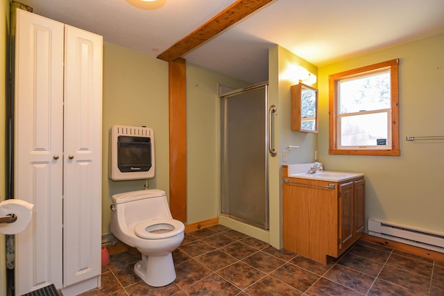 full bath featuring baseboard heating, heating unit, toilet, a shower stall, and vanity