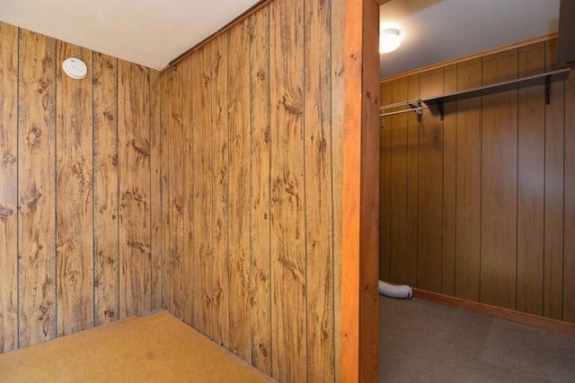 interior space featuring wood walls and carpet