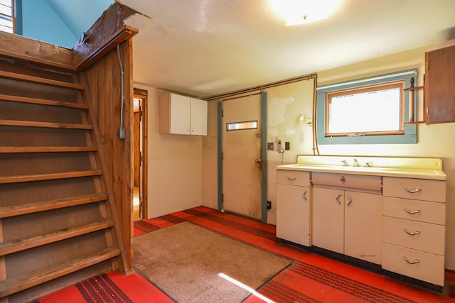 interior space with stairs, dark wood finished floors, and a sink