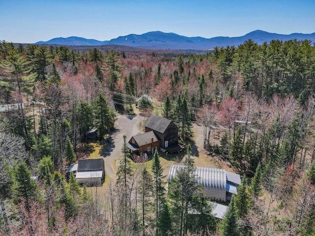 birds eye view of property featuring a mountain view and a forest view
