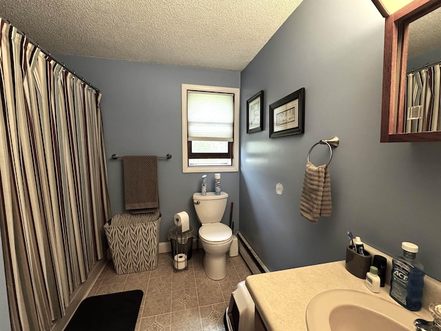 bathroom featuring a textured ceiling, toilet, a baseboard heating unit, tile patterned flooring, and vanity