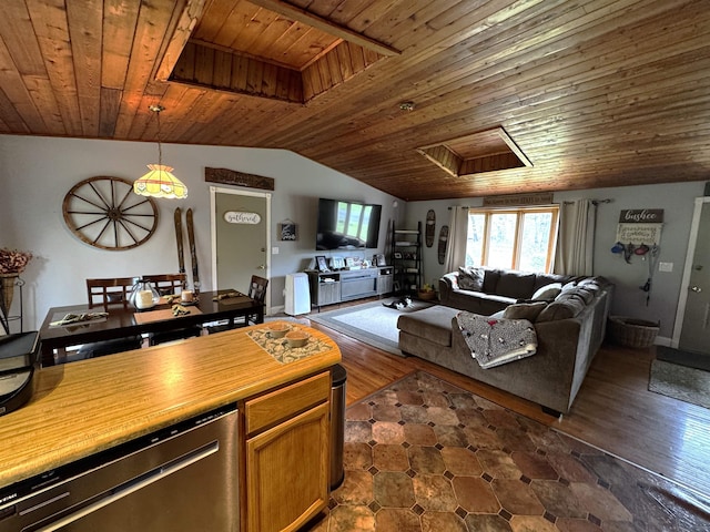 living room featuring wooden ceiling and vaulted ceiling
