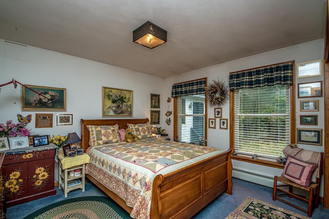 bedroom featuring carpet and a baseboard radiator