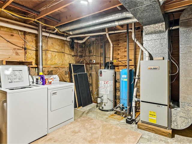 interior space with washing machine and clothes dryer and gas water heater