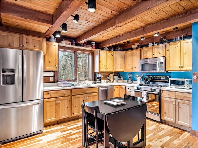 kitchen with light countertops, stainless steel appliances, light wood-type flooring, and wooden ceiling