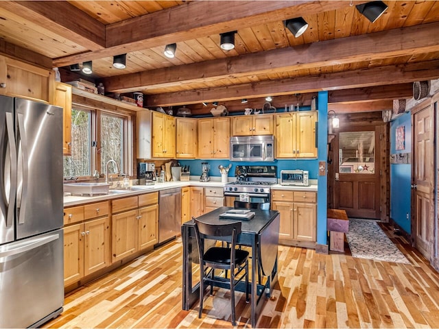 kitchen featuring light brown cabinetry, stainless steel appliances, wooden ceiling, beamed ceiling, and light countertops