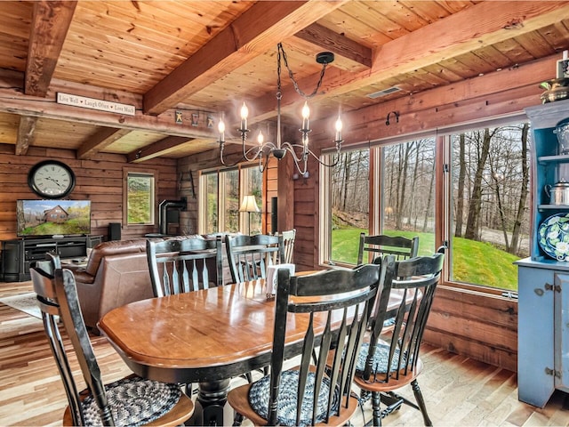 dining space with an inviting chandelier, hardwood / wood-style flooring, wood ceiling, and beam ceiling