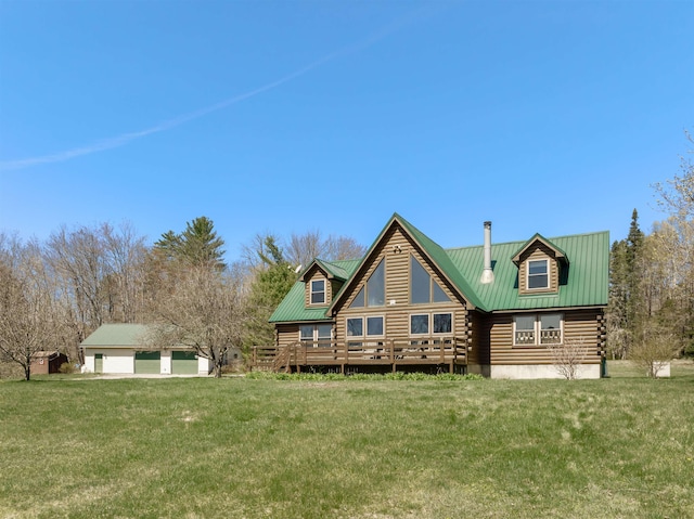 93 Roller Coaster Rd, Laconia, NH 03246 - back of house featuring log exterior, a yard, metal roof, and a wooden deck