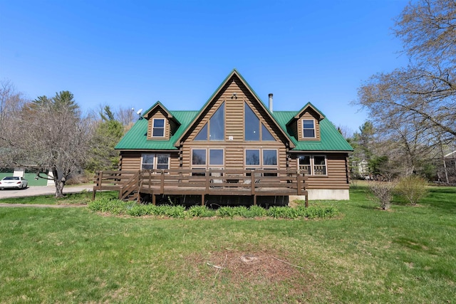 93 Roller Coaster Rd, Laconia, NH 03246 - back of house featuring log siding, a yard, a deck, and metal roof