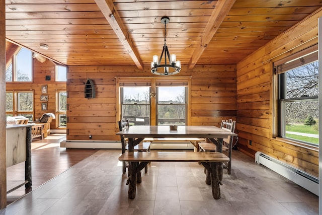 93 Roller Coaster Rd, Laconia, NH 03246 - dining room featuring a baseboard heating unit, wood ceiling, a chandelier, wooden walls, and wood finished floors