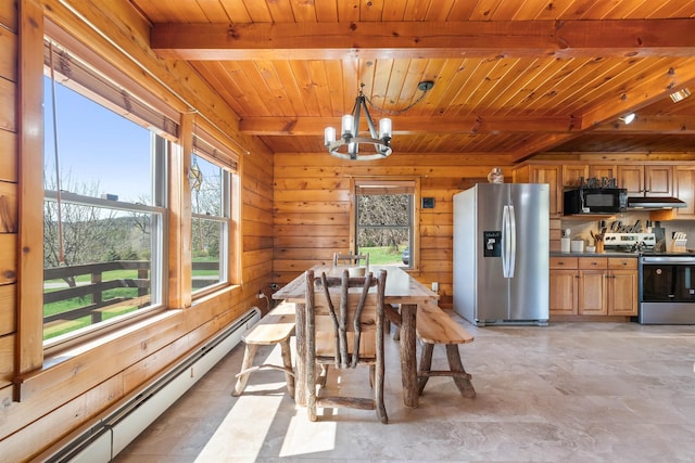 93 Roller Coaster Rd, Laconia, NH 03246 - dining room featuring a baseboard heating unit, beam ceiling, wooden ceiling, a chandelier, and wooden walls