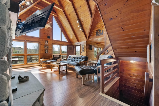 93 Roller Coaster Rd, Laconia, NH 03246 - living area with wooden ceiling, wooden walls, wood-type flooring, beamed ceiling, and high vaulted ceiling