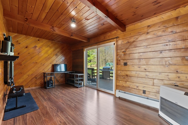 93 Roller Coaster Rd, Laconia, NH 03246 - workout room with a baseboard radiator, wooden ceiling, wood finished floors, wooden walls, and baseboards