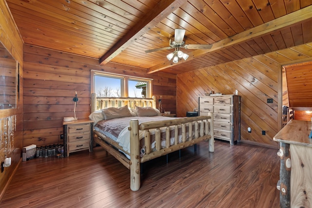 93 Roller Coaster Rd, Laconia, NH 03246 - bedroom with beam ceiling, wooden ceiling, wood finished floors, wood walls, and ceiling fan