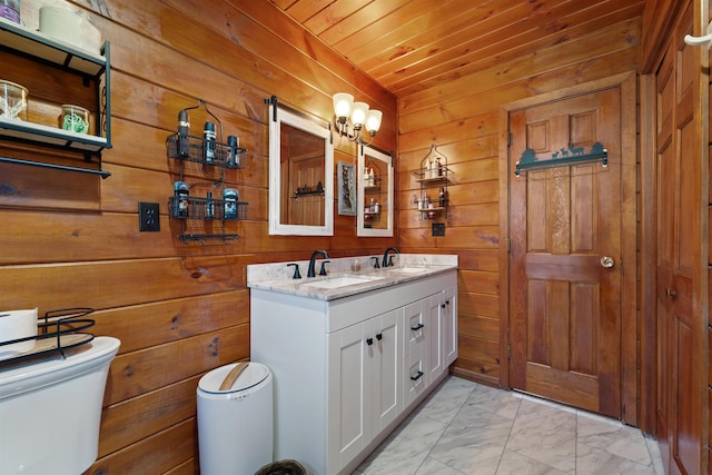 93 Roller Coaster Rd, Laconia, NH 03246 - full bathroom with toilet, marble finish flooring, wood walls, wood ceiling, and double vanity